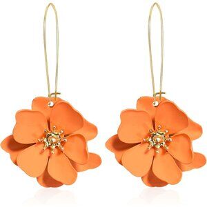 Women Orange Bohemian Daisy Flower Matte Floral Long Petal Drop Dangle Earrings